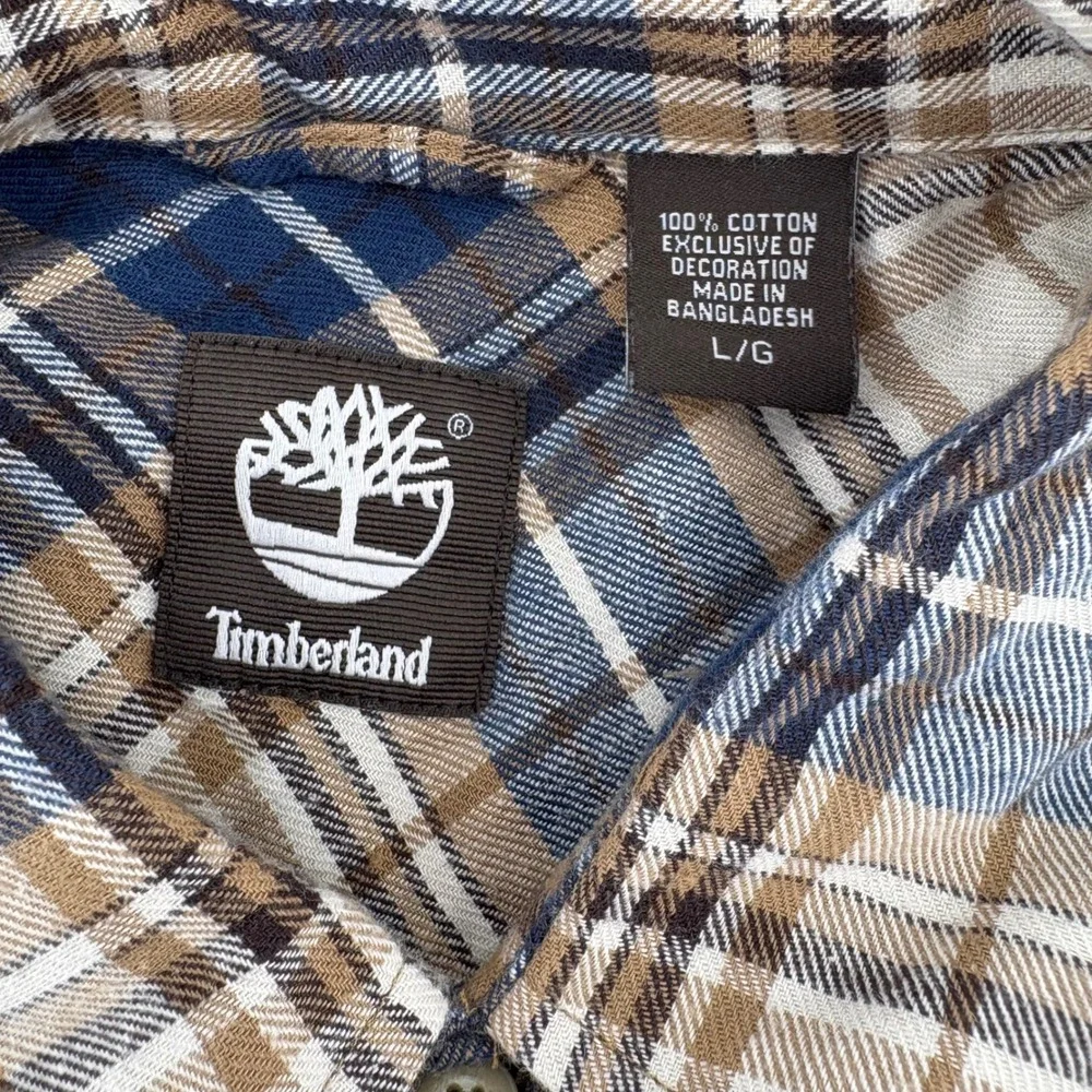 Timberland Mens Flannel Shirt L/G Long Sleeve‎ Plaid Button Up Brown Blue Beige